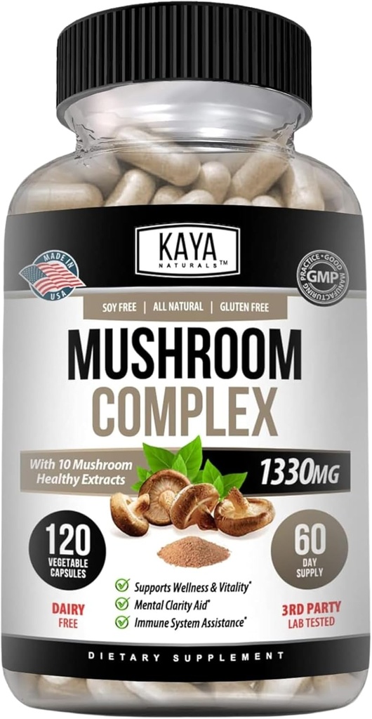 Kaya Naturals Premium Mushroom Kompleksi Potent - Mushroom Supplement - Mushroom Complex Capsules 1995mg Per Servis - Aids mentalty Supports Immune System, Wellness & Vitality - 120 Count