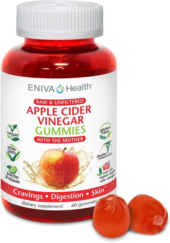 Eniva Health Apple Cider Vinegar Gourmet Gummy Vitamins 60 Ct USDA Organik ACV Vegan Gluten Free Non-GMO with The Mother B9 B12 Beetroot Pomegranate Energy Curb Cravings Detox Cleanse Immunity