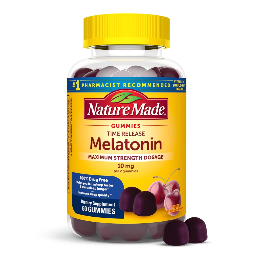 Nature Made Time Release Melatonin Gummies 10 mg per Service, maximum Strength Dosage Sleep Aid for Yetişkinler,% 100 Drug Free, 60 Gummies, 30 Day Supply