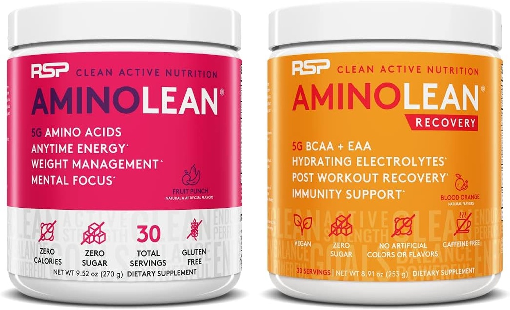 RSP NUTRITION AminoLean Pre Workout Energy (Fruit Punch 30 Hizmet) ile BoltLean Recovery Post Workout Boost (Kan Orange 30 Hizmet)