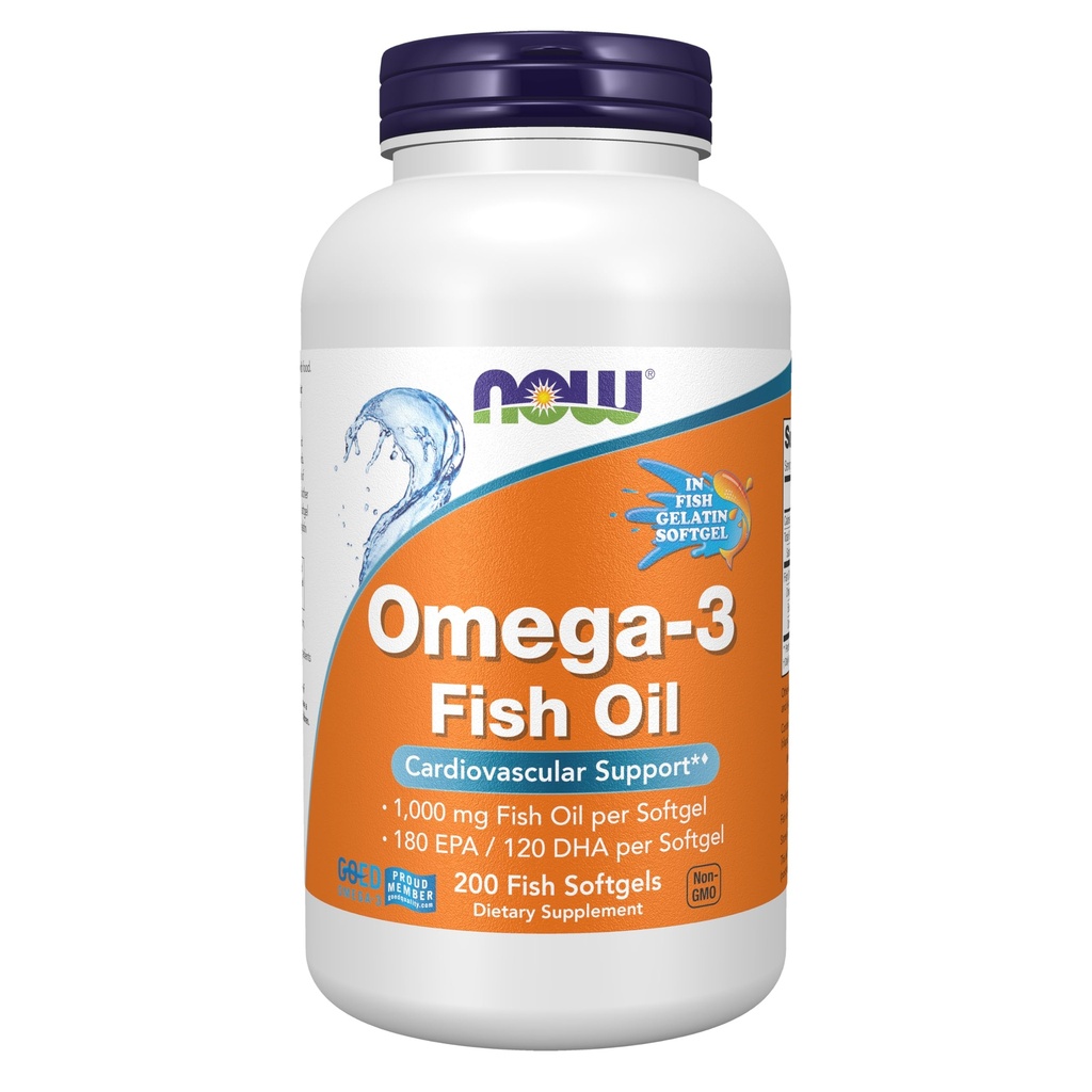 NOW Συμπληρώματα Τροφίμων, Omega-3 180 EPA / 120 DHA, Μοριακά Αποσταγμένο, Καρδιαγγειακή Υποστήριξη*, 200-Fish Ζελατίνη Softgels, Συσκευασία μπορεί να ποικίλει