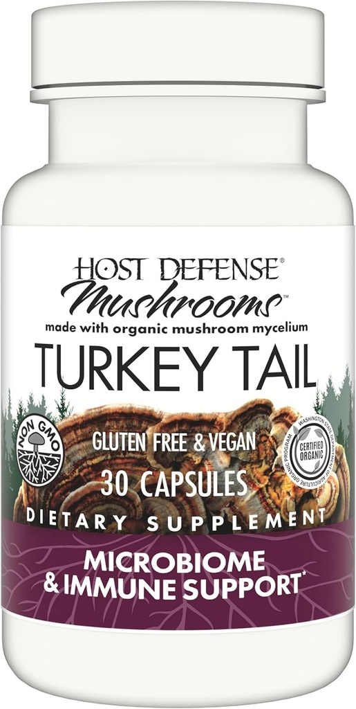 Host Defense Turkey Κάψουλες ουράς - Digestive Health & Immune Response Support Supplement - Συμπλήρωμα μανιταριών για την υποστήριξη του γαστρεντερικού και του βλεννογόνου μικροβιώματος - 30 κάψουλες (15 υπηρεσίες)*