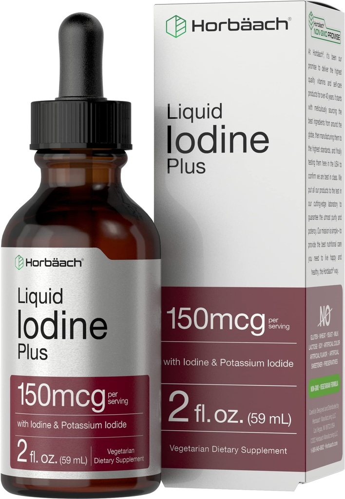 Horbäach Iodine Liquid Drops | 2 fl oz | 150 mcg | Iodine & P Properties Iodide Liquid Tincture | Vegetarian, Non-GMO, Gluten Free Supplement