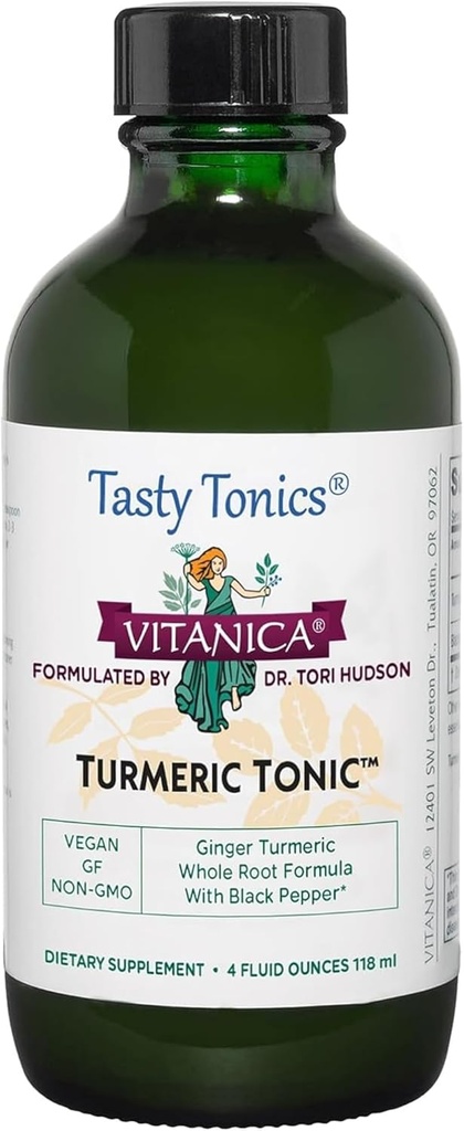 Vitanica, Turmeric Tonic, Non-GMO Sıvı Turmeric Curcumin Supplement 1000 mg, Black Pepper ve Ginger, Antioksi, Vegan, Gluten Free, 4 Ounce