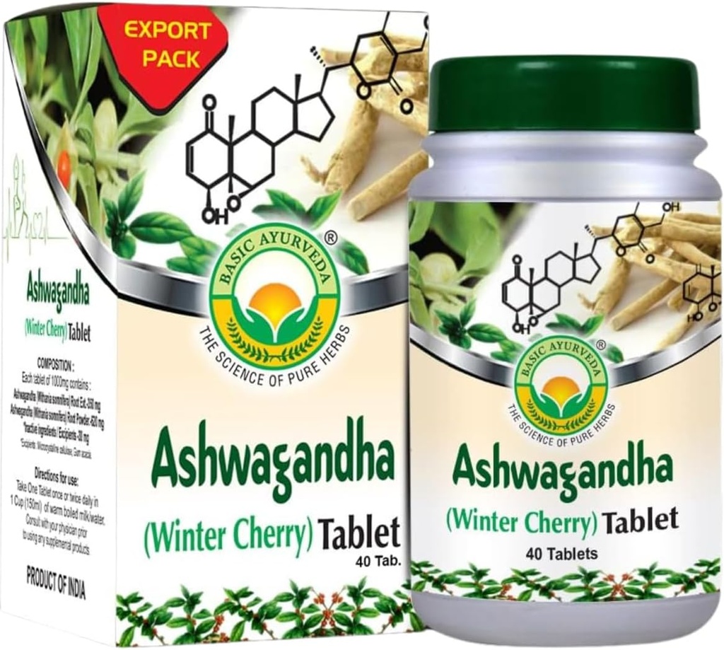 BASIC AYURVEDA Ashwagandha Tabletleri - 1000 mg | Winter Cherry Herbal Supplement | Plant-Based Formula for Daily Routine | Natural Root Extract for Men & Women | 40 Tabletler