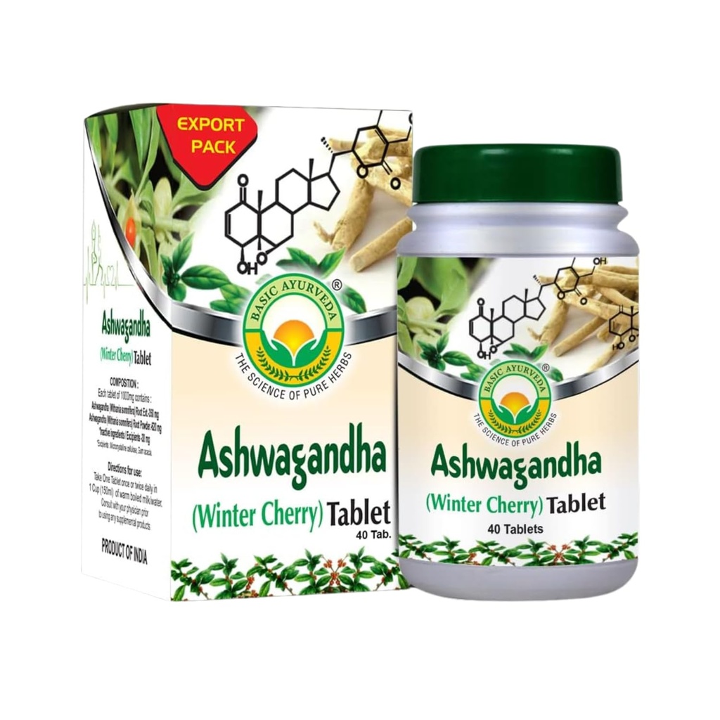 BASIC AYURVEDA Ashwagandha Tabletleri - 1000 mg | Winter Cherry Herbal Supplement | Plant-Based Formula for Daily Routine | Natural Root Extract for Men & Women | 40 Tabletler