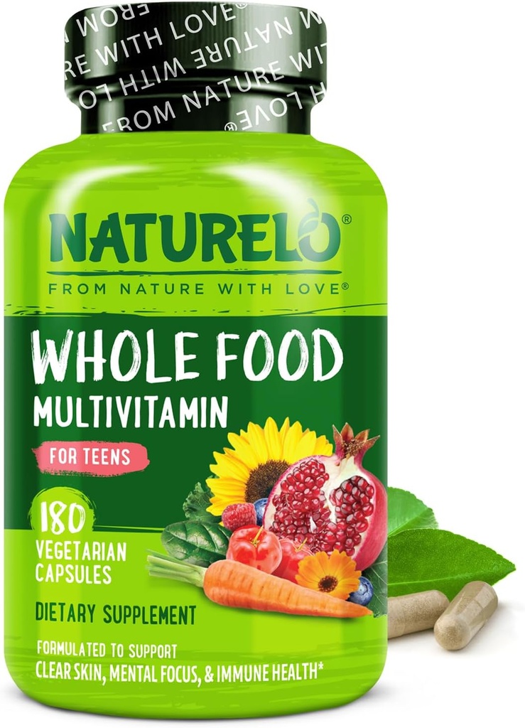 NATURELO Εφηβική Πολυβιταμίνη - Ολόκληρη Πολυβιταμίνη Τροφίμων - με Ορυκτά για Έφηβα Αγόρια & Κορίτσια - Συμπλήρωμα για Ενεργά Παιδιά - Μη ΓΤΟ - Vegan & Χορτοφαγικά - 180 Κάψουλες