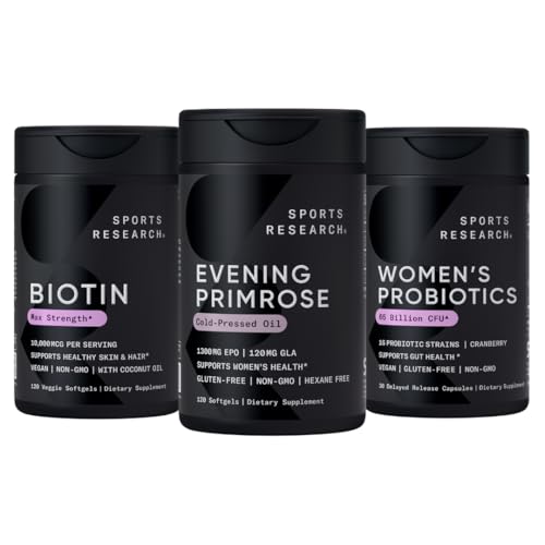 Sports Research Evening Primrose Supplement from Cold Pressed Oil, Vegan Biotin 10.00006 with Coconut Oil & Women's Probiyotiks with Prebiyotiks, 65 Milyar CFU