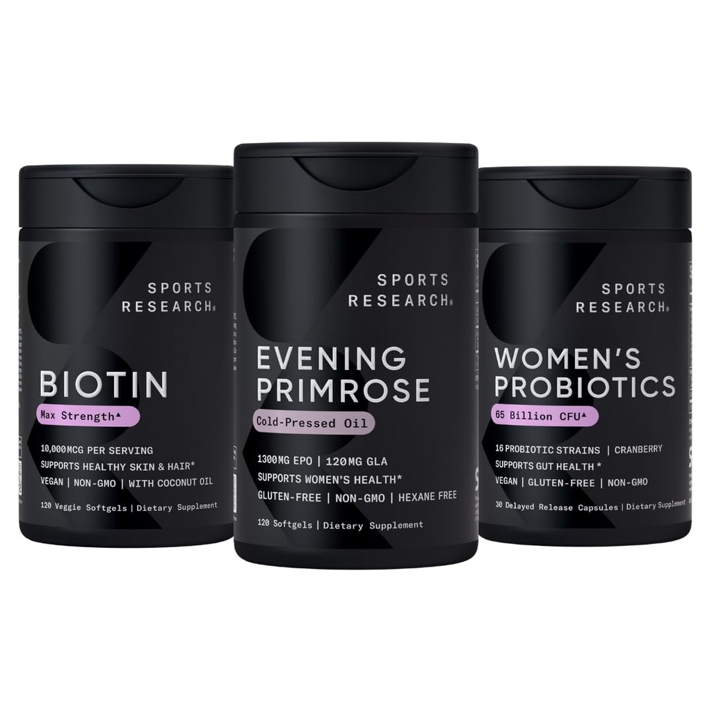 Sports Research Evening Primrose Supplement from Cold Pressed Oil, Vegan Biotin 10.000mcg with Coconut Oil & Women's Probiotics with Prebiotics, 65 δισεκατομμύρια CFU