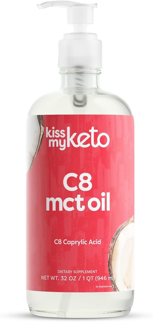 Kiss My Keto MCT Oil C8 – 32 oz Pure C8 MCT Oil Chem Yakıt – Pompa ile Şişe – Yüksek Octane Caprylic Asit – Keto Pure MCT Coconut Oil Beyin Yakıtı – Sıvı Coconut MCTOil Saf C8