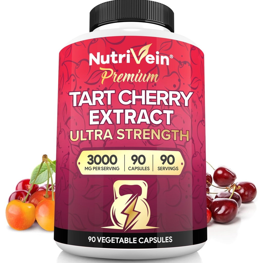 Nutrivein Premium Tart Cherry Capsules 3000 mg: Ultra Strength Tart Cherry Extract Supplement for Post-Athletic Recovery, Detox, Rest, & Mobility