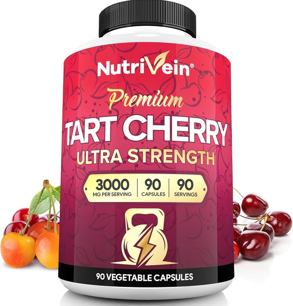 Nutrivein Premium Tart Cherry Capsules 3000 mg: Ultra Strength Tart Cherry Extract Supplement for Post-Athletic Recovery, Detox, Rest, & Mobility