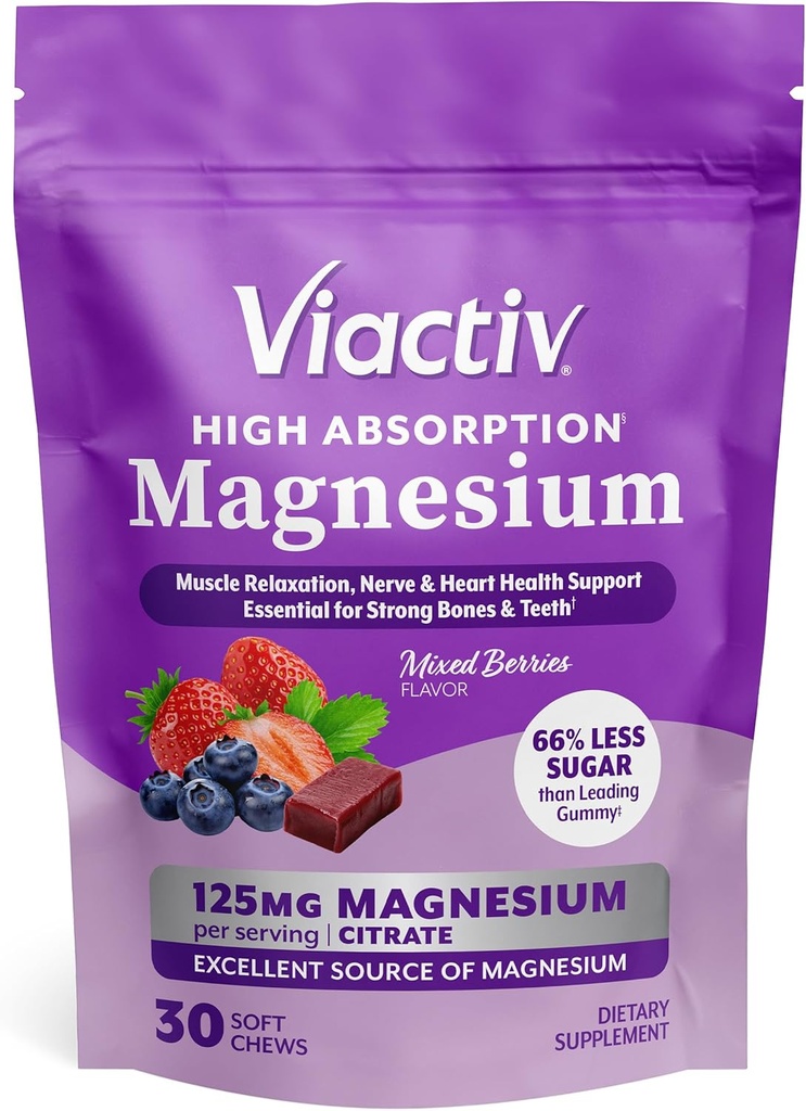 Viactiv Magnezyum Chews, High Abxia Citrate, Karma Fla Flavor, Magnezyum Gummies'ten Daha Az Şeker ile 30ct, 1pc Servis