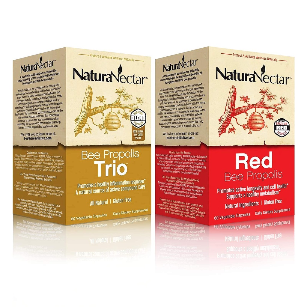 NaturaNectar Natural Bee Propolis Bundle - Trio και Red Propolis - για την ανοσοποιητική και καρδιοαγγειακή υποστήριξη και έναν υγιή μεταβολισμό * - 60 κάψουλες ανά φιάλη