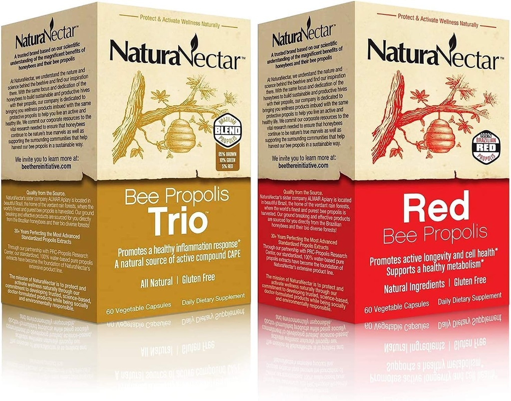 NaturaNectar Natural Bee Propolis Sche - Trio ve Red Propolis - Immune ve Cardiovascular Destek ve Sağlıklı Metabolism * - Şişe başına 60 Capsules