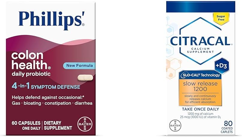 Υγεία του παχέος εντέρου Phillips' Καθημερινή Probiotic Κάψουλες, 4-σε-1 Άμυνα Συμπτωμάτων & Citracal αργή απελευθέρωση 1200, 1200 mg Κιτρικό ασβέστιο και ανθρακικό ασβέστιο Blend