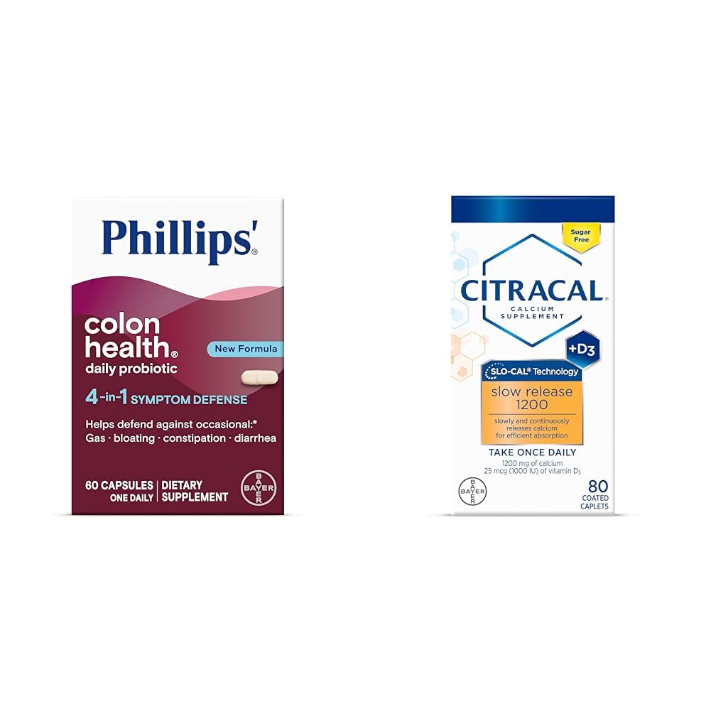 Phillips' Colon Health Daily Probiyotik Capsules, 4-in-1 Symptom Defense & Citracal Slow release 1200, 1200 mguba Citrate ve Kalsiyum Karbonat