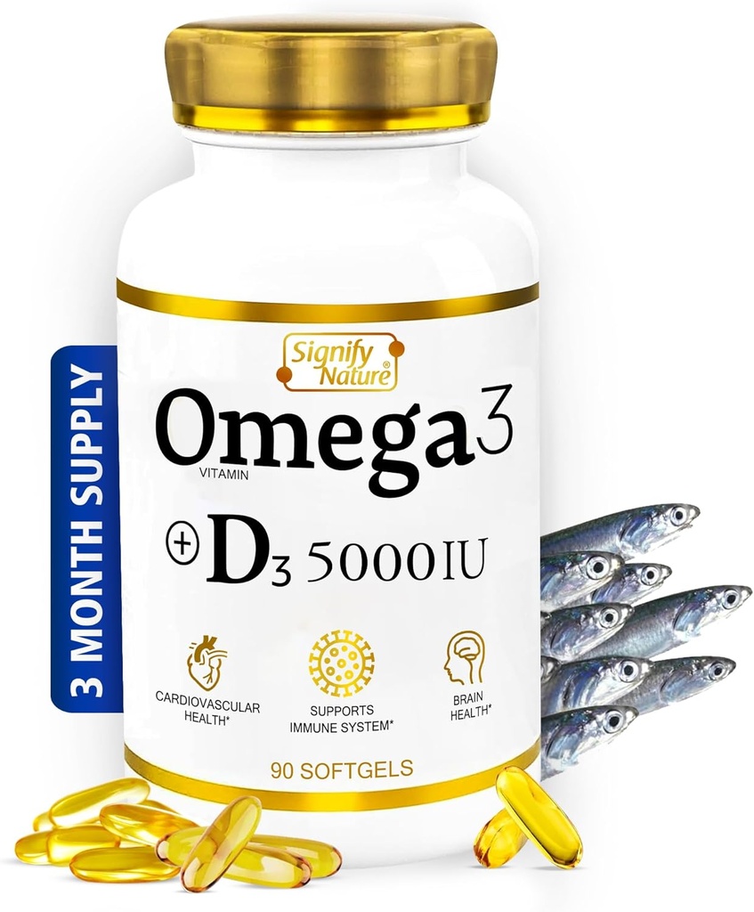 SIGNIFY NATURE Omega 3 Fish Oil Συμπλήρωμα με Βιταμίνη D3 5000 IU - 1000mg Τριγλυκερίδια Κάψουλες για Εγκεφαλική Υγεία - Omega3 EPA DHA + VIT D 3-90CT