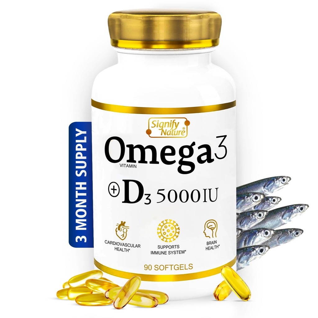 SIGNIFY NATURE Omega 3 Fish Oil Συμπλήρωμα με Βιταμίνη D3 5000 IU - 1000mg Τριγλυκερίδια Κάψουλες για Εγκεφαλική Υγεία - Omega3 EPA DHA + VIT D 3-90CT
