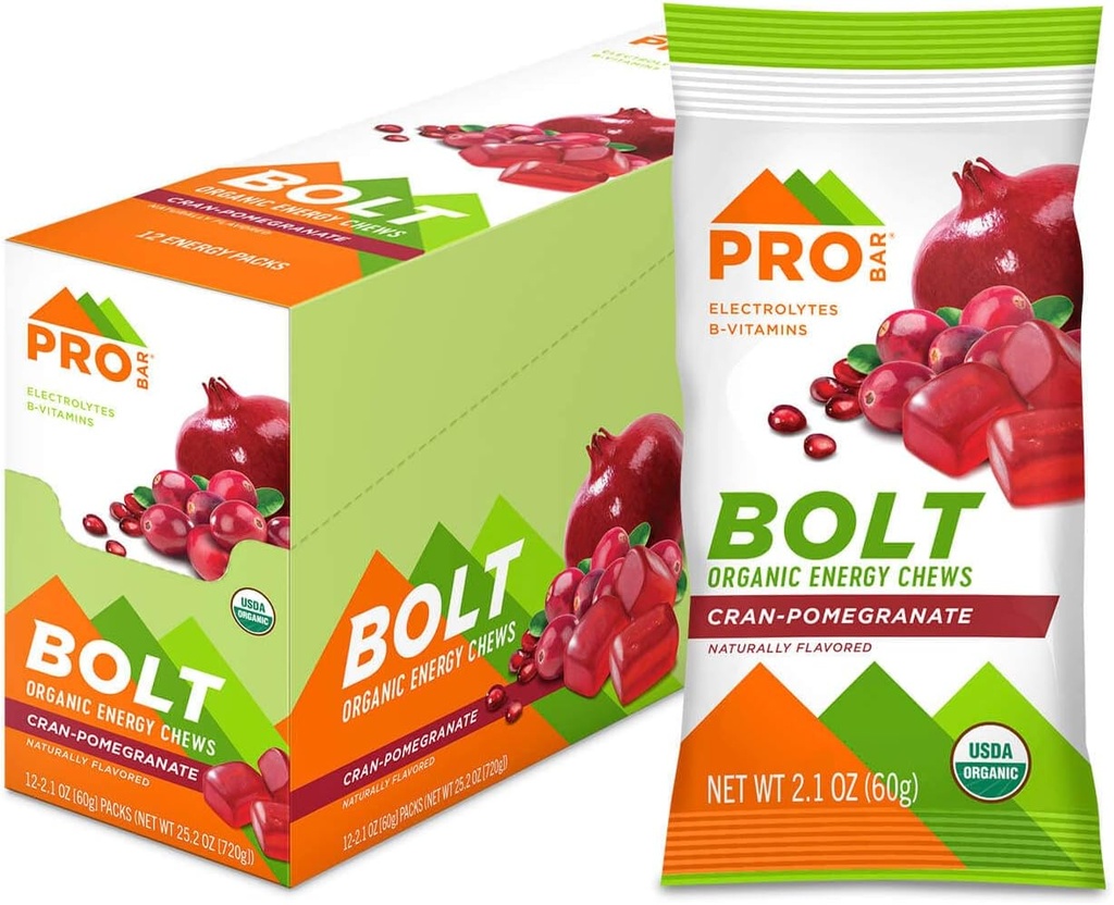 PROBAR - BOLT Organic Energy Chews, Cranberry Pomegranate, Non-GMO, Gluten-Free, USDA Certified Organic, Healthy, Natural Energy, Fast Fuel Gummies with Vitamins B & C (12 Count)
