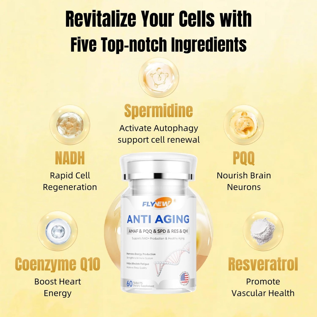 Anti-Aging, Resveratrol,NADH& PQ, Sağlıklı Saç, Cilt ve Çiçeği, Hücre Sağlığı, Spermi, Ubiquinol, GMP, ABD 60 Capsules