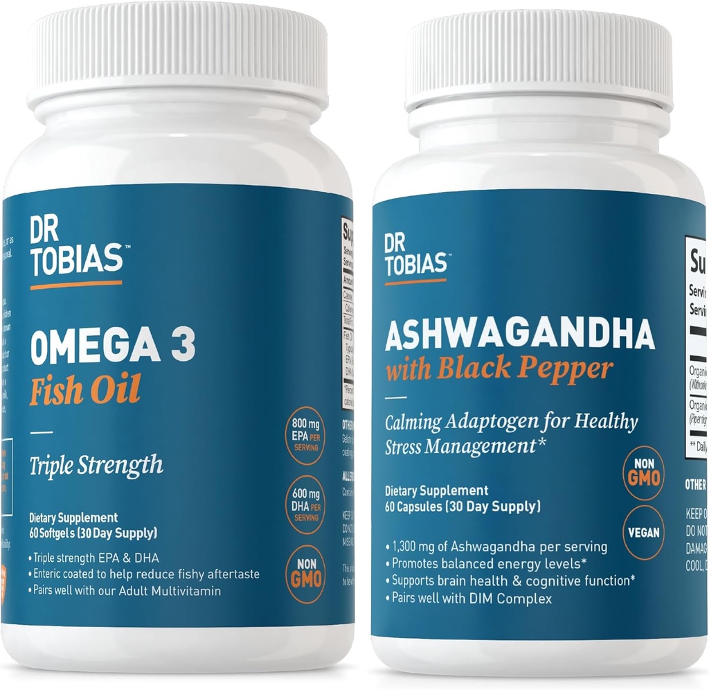 Dr. Tobias Omega 3 Fish Oil and Ashwagandha Capsules, Support General Wellness & Balanced Energy & Resilience, Non-GMO
