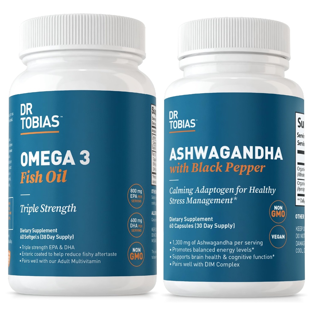 Dr. Tobias Omega 3 Fish Oil and Ashwagandha Capsules, Support General Wellness & Balanced Energy & Resilience, Non-GMO