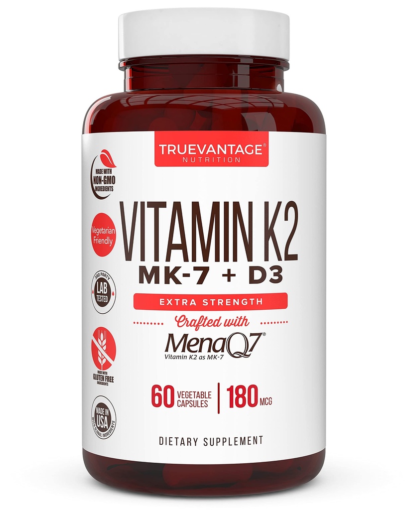 Συμπλήρωμα βιταμίνης K2 D3 5000 IU D3 και 180 mcg Συμπλήρωμα βιταμίνης k2 MK7 για υγιή οστά, υγιή καρδιά & καρδιοαγγειακή υγεία-60 Εύκολο στην κατάποση Φυτικά καλύμματα MenaQ7 K2 MK7