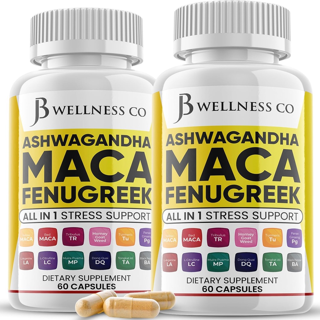 Ashwagandha Maca Root Fenugreek συμπλήρωμα με Tongkat Ali Ginseng - Βοηθάει με Mood & Thyroid Υγεία - Made in USA - 120 Count