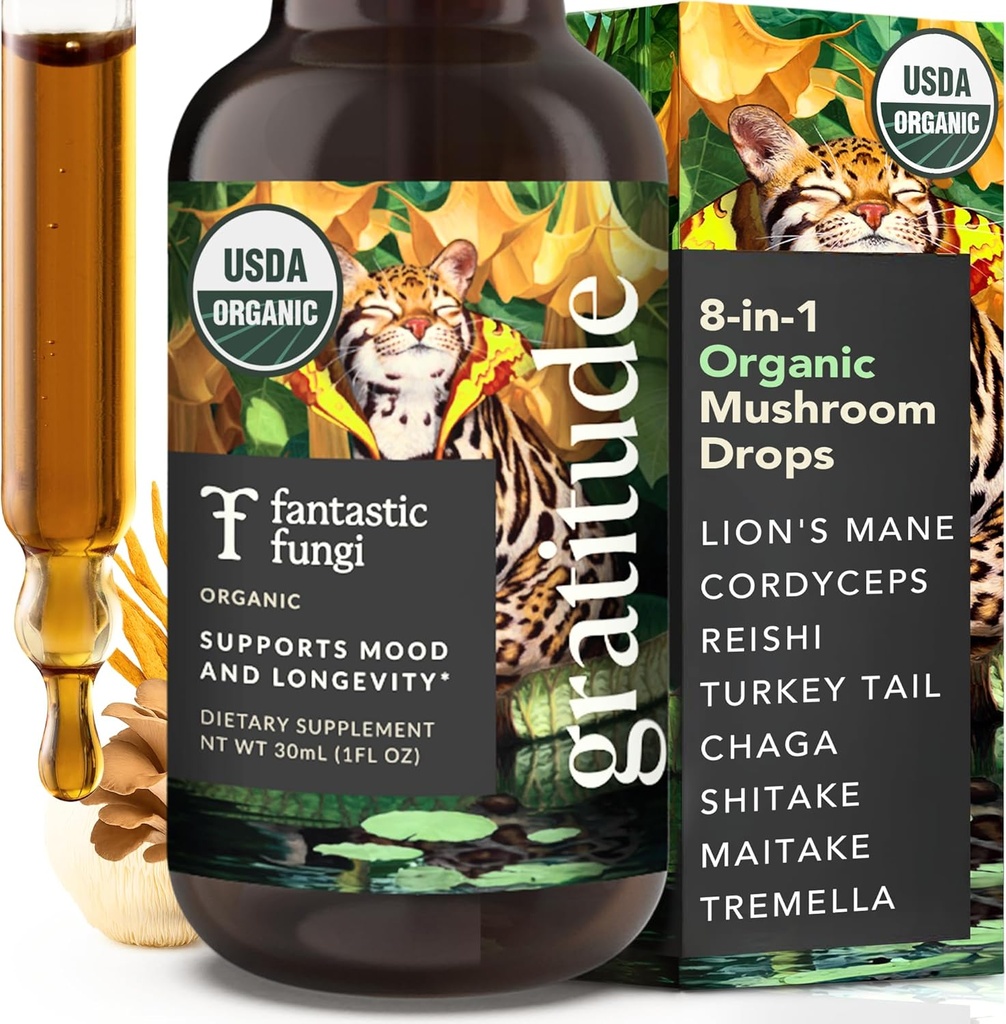 Fantastic Fungi Mushroom Extract - 8-in-1 συμπλήρωμα οργανικού συγκροτήματος μανιταριών με Cordyceps, Reishi, Mane, Chaga, Turkey Tail, Shiitake, Maitake & Tremella - Υγρή απόχρωση προσαρμογόνου, 1 fl oz