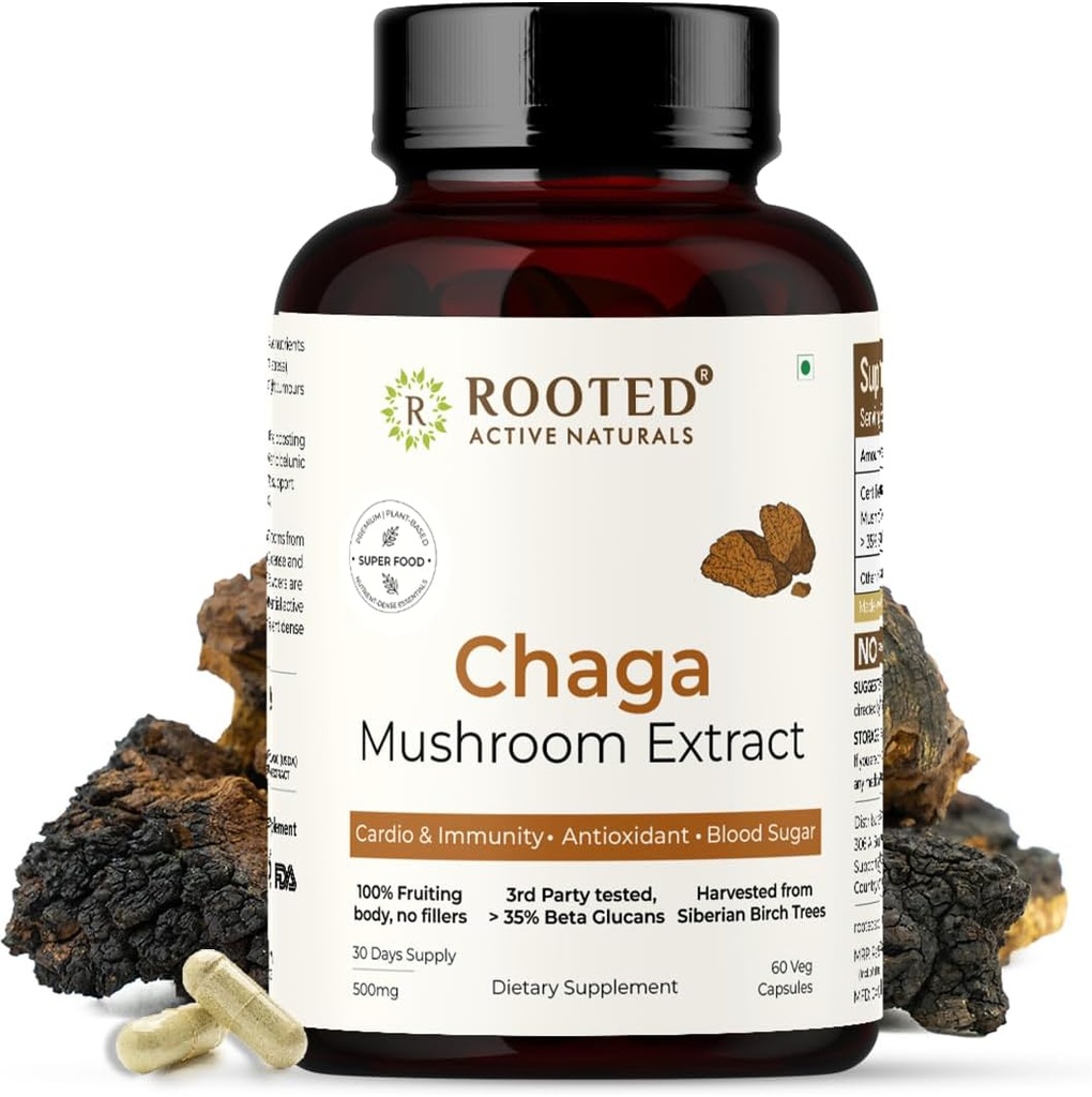 ROOTED Actives, Sibiryan Chaga Mushroom Extract, Sertifikalı Organik|% 35 Beta Glucans - Lab Onaylandı | Antioksi & Vitality Support (60 Veg Caps)