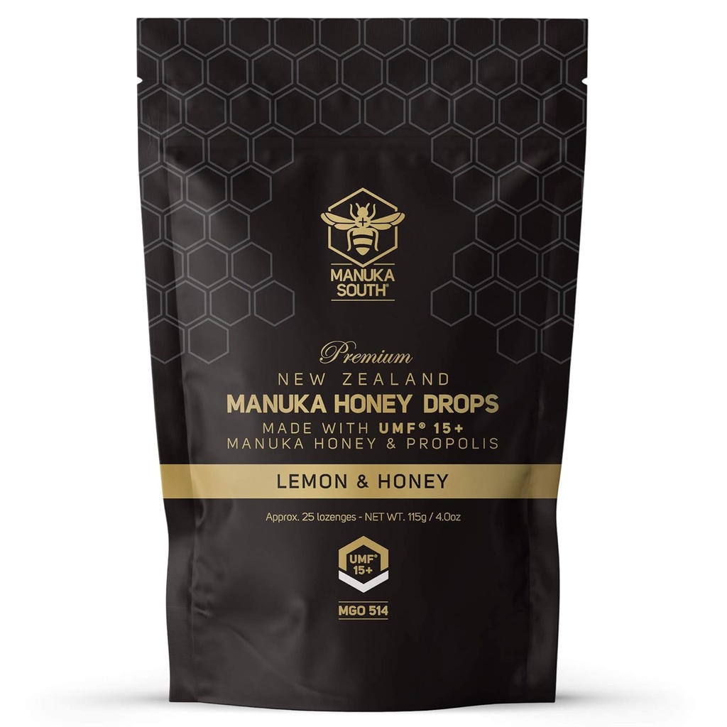 Manuka Honey Drops UMF 15+ / MGO 514+ & Propolis Drops Yeni Zelanda'da yapıldı - Doğal Malzemeler - Soothing Drops - Lemon & Honey Flavor - 25 Drops