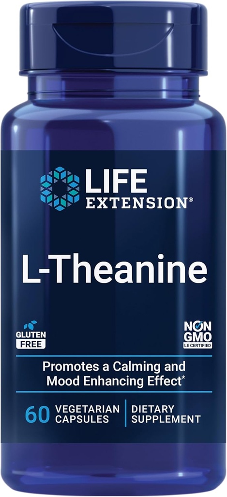 Επέκταση ζωής L- Theanine, Amino Acid theanine, Calm, Relaxation, Mood, Gluten-free, Non-GMO, Vegetarian, 200 mg, 60 κάψουλες