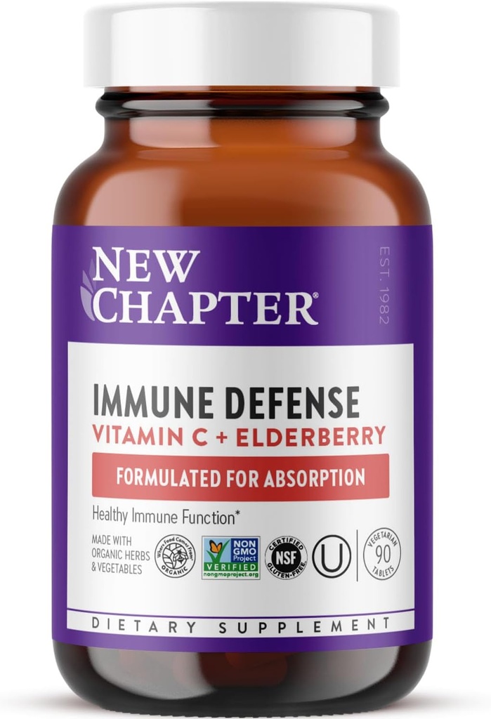 New Chapter® Vitamin C Immune Defense Supplement + Elderberry – Εξαιρετική Πηγή Βιταμίνης C, One Daily Tablet for Healthy Immune Support, Made with Organic Herbs, Non-GMO, Gluten Free, 90 ct