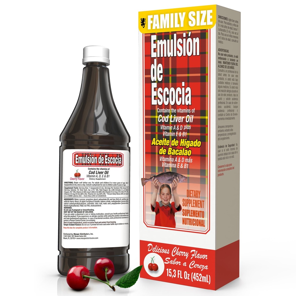 Emulsión de Escocia με Cod Liver Oil – Cherry Flavor – Βιταμίνες A, D, E & B1 για την υποστήριξη του ανοσοποιητικού και του ήπατος – Υγρό συμπλήρωμα για τα παιδιά – 15,3 Fl Oz 