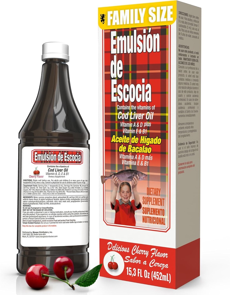 Emulsión de Escocia με Cod Liver Oil – Cherry Flavor – Βιταμίνες A, D, E & B1 για την υποστήριξη του ανοσοποιητικού και του ήπατος – Υγρό συμπλήρωμα για τα παιδιά – 15,3 Fl Oz 