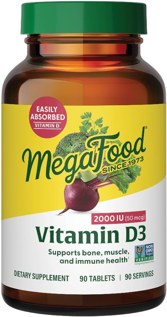 MegaFood Vitamin D3 2000 IU (50 mcg) - Gerçek Gıda ile D Supplements, Immune Support, Supports Bones, Teeth & Muscles, Vegetarian, sertifikalı Non-GMO, Kosher – 90 Tablet, 90 Hizmet