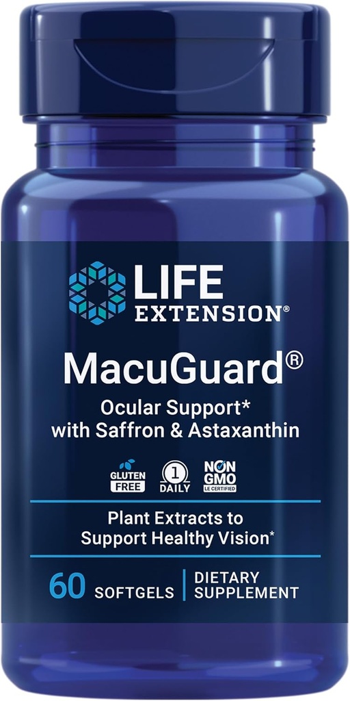 Life Extension MacuGuard Ocular Support with Saffron & Astaxanthin – Eye Health Supplement for Health Vision – Lutein, zeaxanthin, Meso-zeaxanthin – Gluten-Free, Non-GMO – 60 softgels