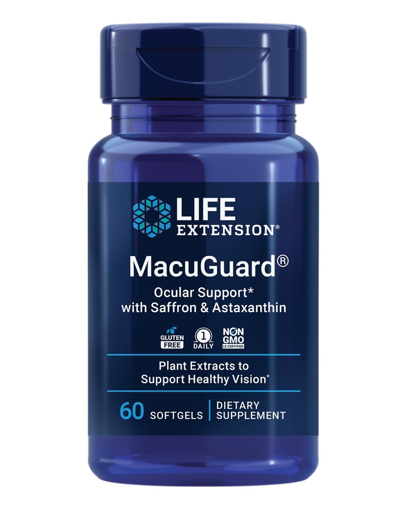 Life Extension MacuGuard Ocular Support with Saffron & Astaxanthin – Eye Health Supplement for Health Vision – Lutein, zeaxanthin, Meso-zeaxanthin – Gluten-Free, Non-GMO – 60 softgels