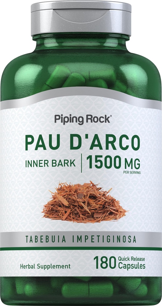 Piping Rock PAU D'Arco Capsules | 1500 mg | 180 Pills | İç Bark | Herb Extract Supplement | Non-GMO, Gluten Free