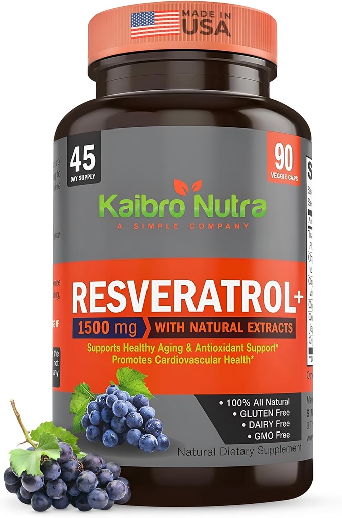 Kaibro Nutra Resveratrol Tamam, 1500 mg Ekstra Güçlü Trans Resveratrol, Japon Knotweed Türleri, Anti-Aging, Radiant Skin ve Immunity Support, Vegan & Non-GMO, 90 Capsules