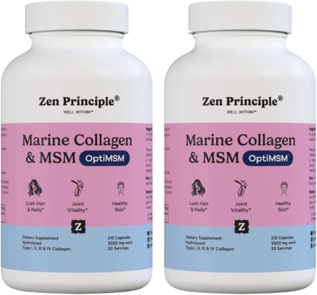 Zen Principles Marine Collagen. Toz OptiMSM® Supplement ile. Klinik olarak Skin Support için test edildi. Wild-Caught Fish, Non-GMO. 420 Capsules.