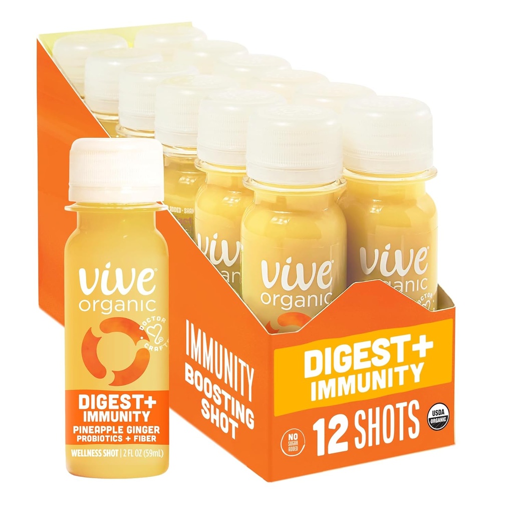 Vive Organic Digest + Immunity Dual-Boost Shot, Cold-Pressed Aloe Vera, Apple Cider, Probiyotiks, 2g Fiber, Gluten Free, Vegan, 2 Fl Oz (Pack of 12)