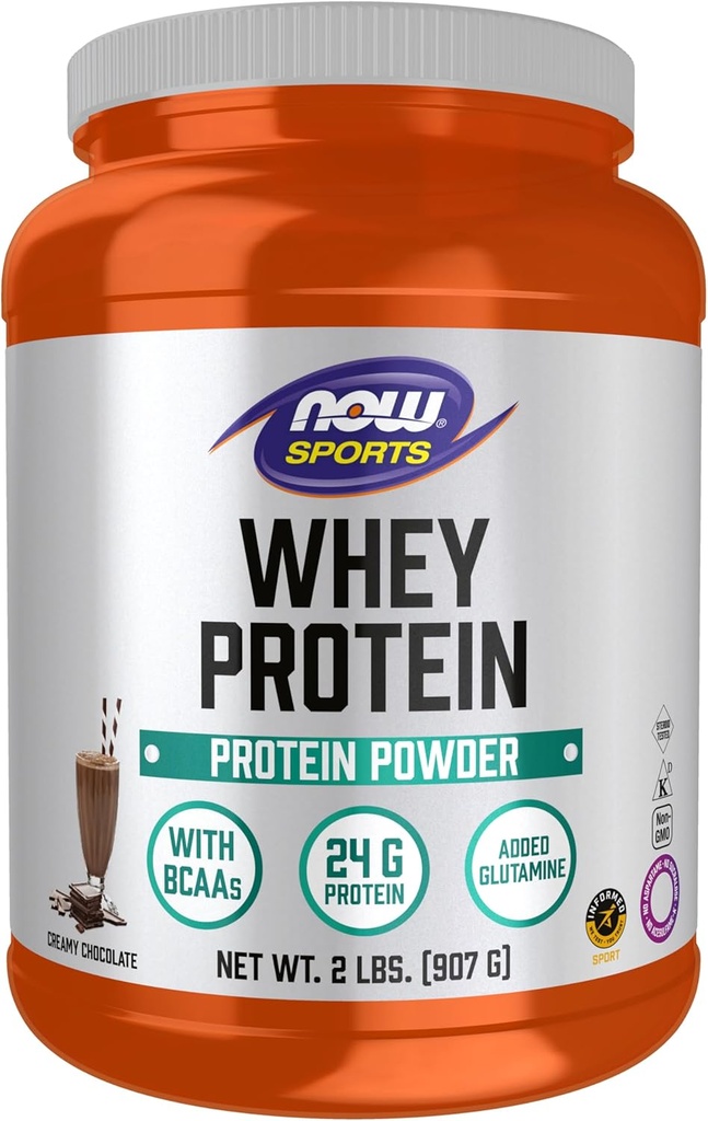 NOW Foods Sports Nutrition, Whey Protein, 24 G With BCAAs, Creamy Chocolate Powder, 2-Pound