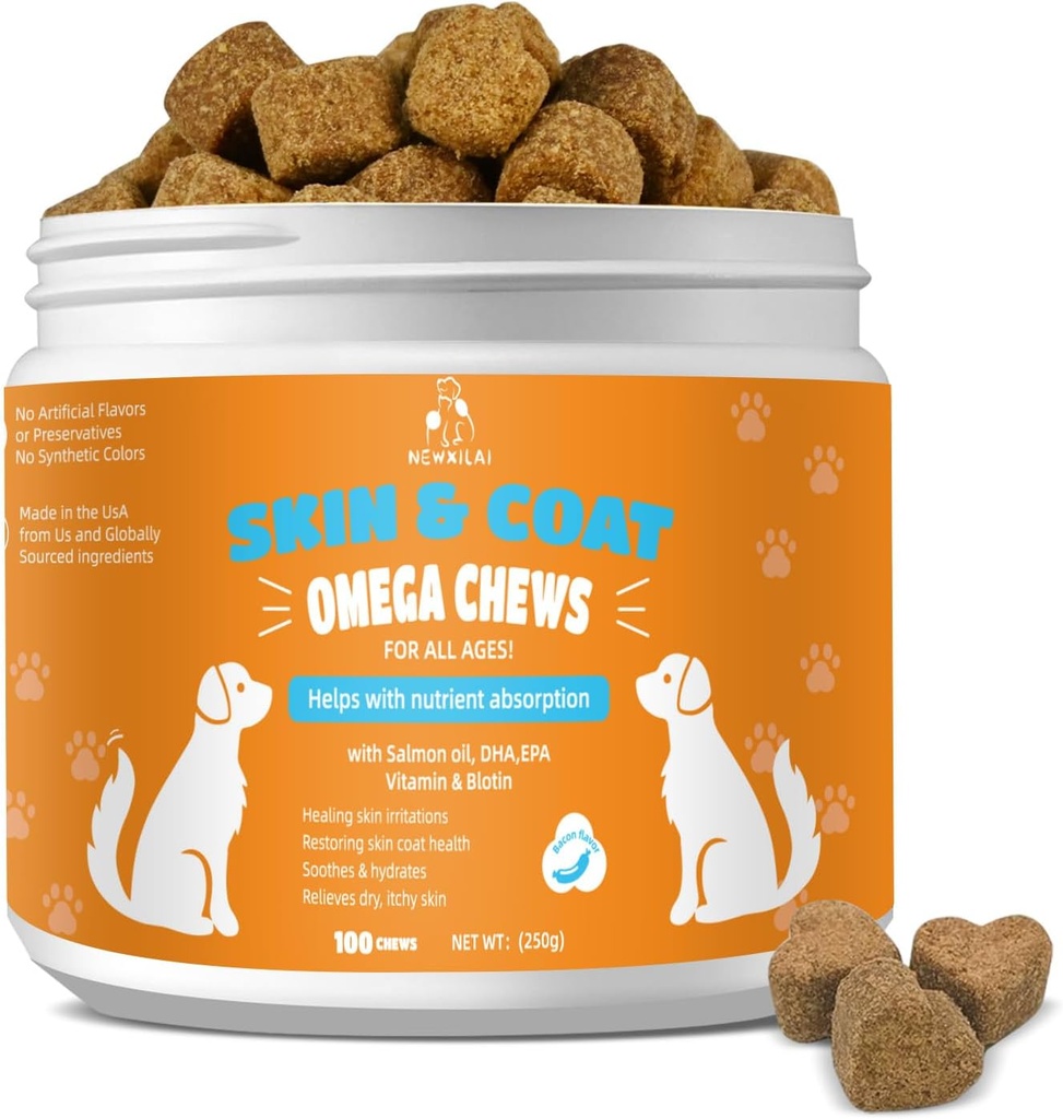 Köpekler ve Köpekler için Çekin - Itchy Skins Dog Supplement Support Hot Spots Comfort and Shedding Anti Health with Omega 3 Fish Oil, EPA & DHA Fatty Acids, Bacon Flavor 100 Count Softs