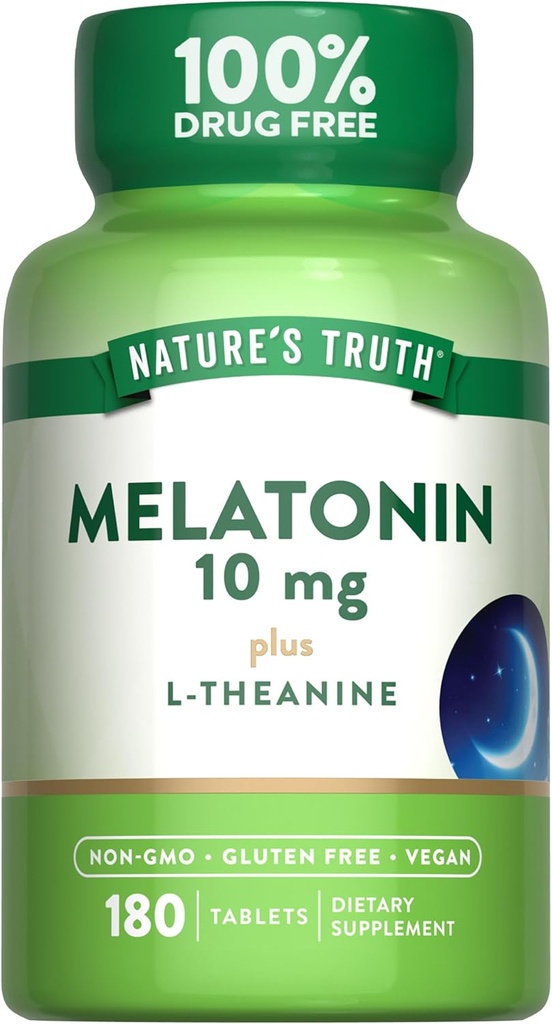 Nature's Truth Melatonin Tabletleri | 10 mg | 180 Kont | L-Theanine | 100% Drug Free Supplement for Yetişkinler | Vegan, Non-GMO & Gluten Free Supplement