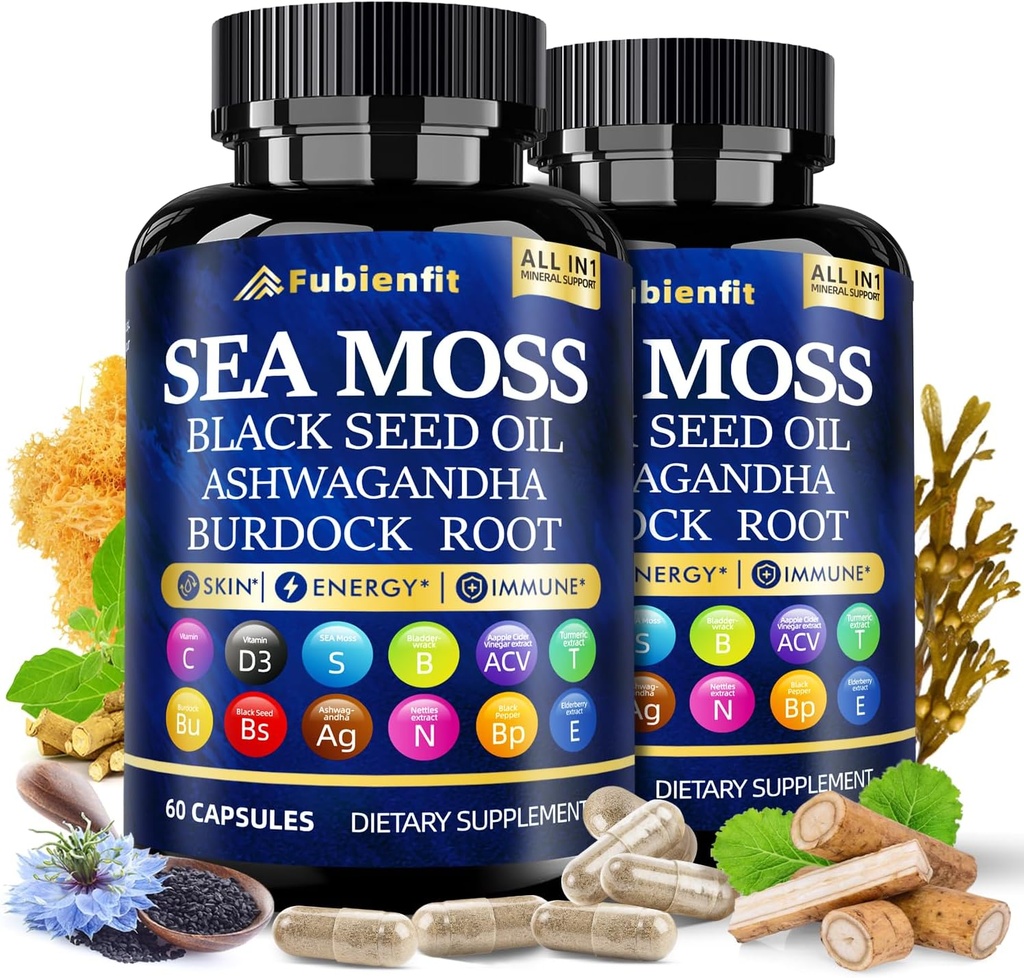 (2 Pack) Organik Deniz Moss Capsules - Contain Seamoss Black Seed Oil ashwagandha Burdock Root Ginger & Essential Vitaminler - Immune Boost, Digestive Health ve Genel Wellness