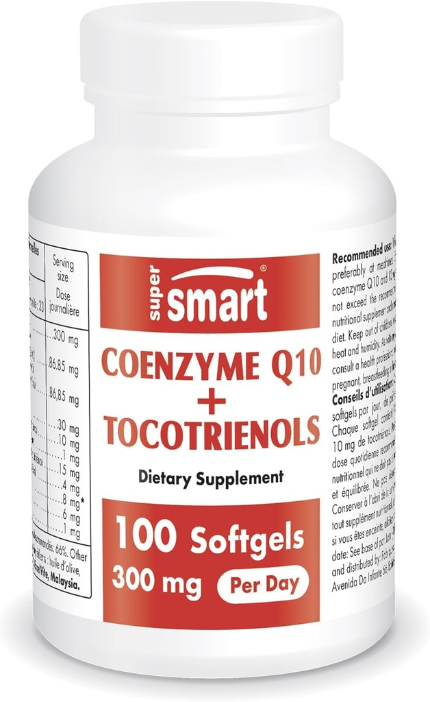 Supersmart - Coenzyme Q10 + Tocotrienols günde 300 mg (Patented & Bio available) - CoQ10 Supplement with Tocotrienols - Palm Oil Extract | Non-GMO & Gluten Free - 100 Softgels