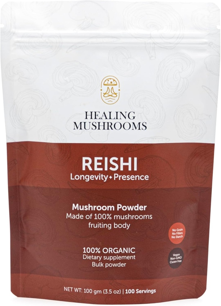 Reishi Pure Powder, Βιολογικό συμπλήρωμα μανιταριών για την υποστήριξη του ανοσοποιητικού, μακροζωία, διάθεση, ύπνος, χωρίς πληρωτικά, μη ΓΤΟ