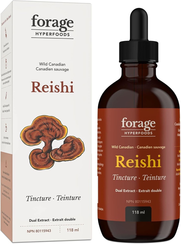 Forage Hyperfoods- Original Canadian Wild Reishi Mushroom Superfood Liquid Supplement Extract Tincture, Vegan, Non-GMO, Immune System and Stress Response, Natural Calm, 118ML